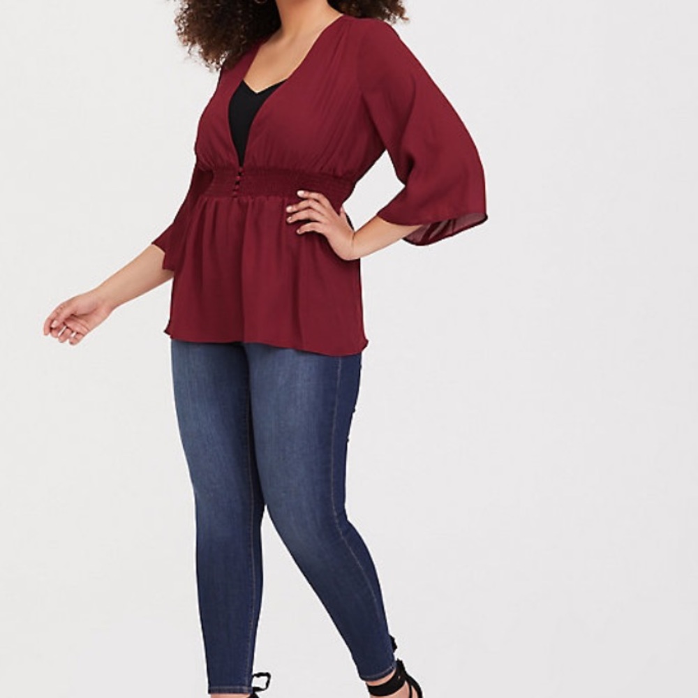 Button Front Smocked Babydoll Blouse - Picture 3 of 6